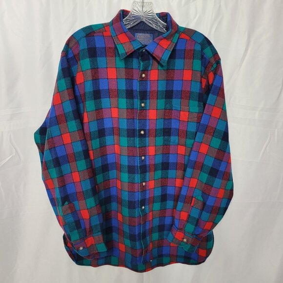 VTG Pendleton Men's Red & Green Plaid Virgin Wool Long Sleeve Button-Up Shirt XL